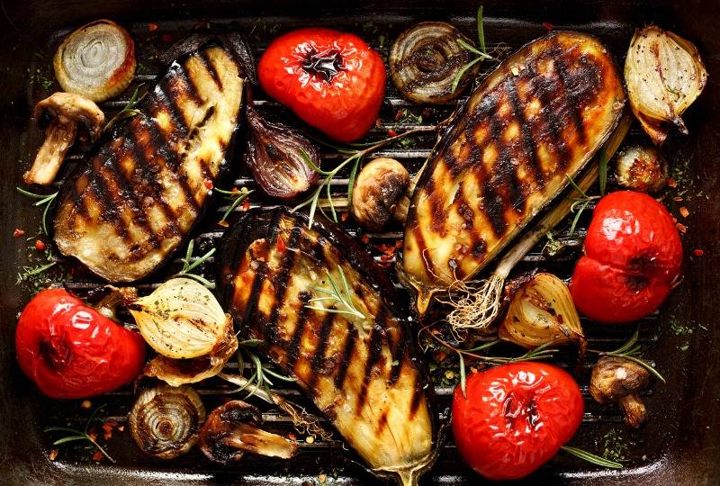 Grilled eggplant, tomatoes, onions and mushrooms