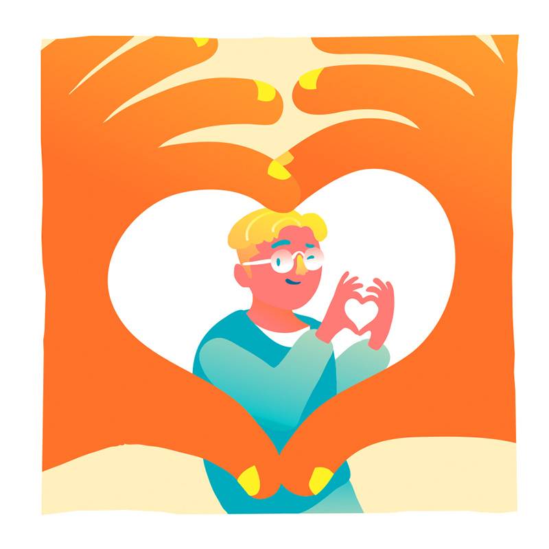 Illustation of hands in shape of heart framing a blonde boy with glasses 