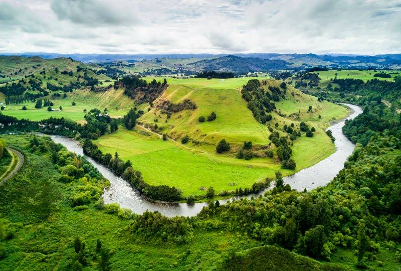 Aerial view of Whanganui National Park, with river winding through green hills and forest