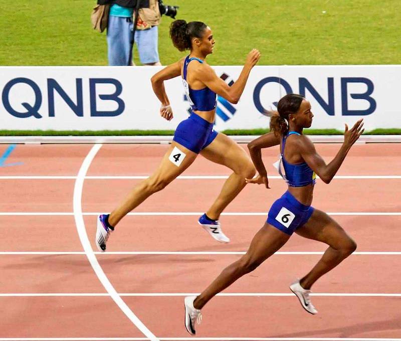Dalilah Muhammad and Sydney McLaughlin in the final of the 400 metres hurdles at the 2019 World Championships in Doha, Qatar