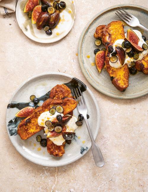 Blueberry French toast with macerated figs and Greek yogurt