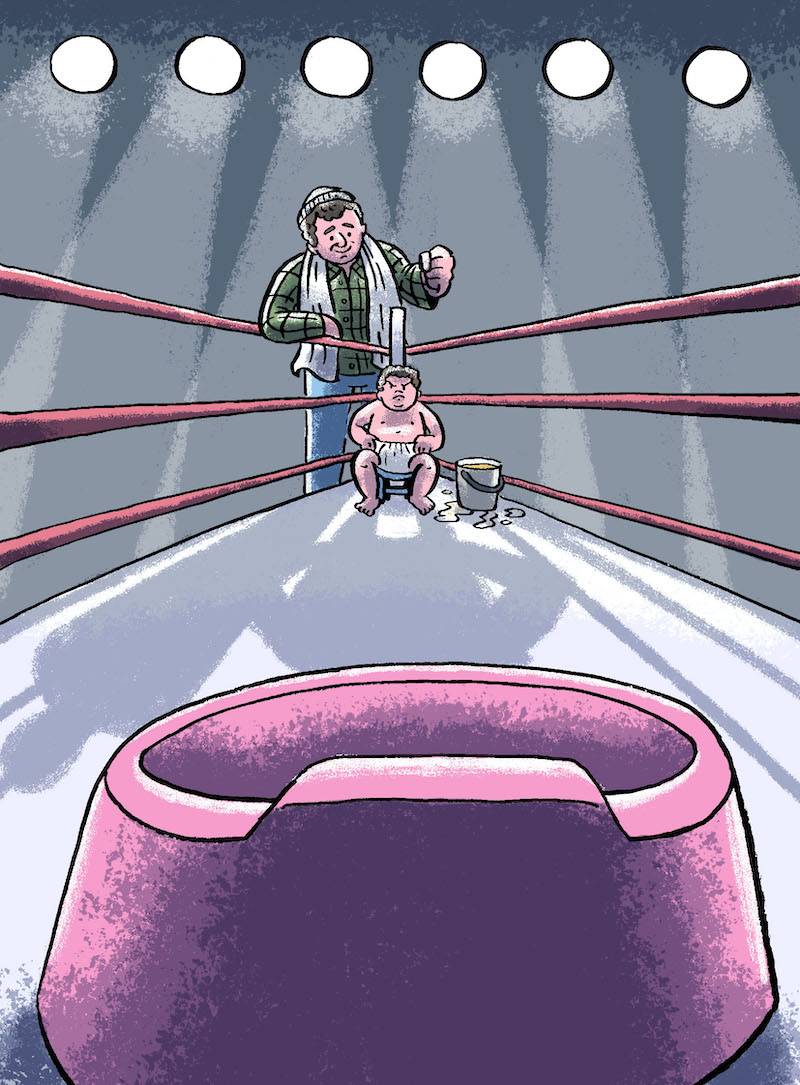 Illustration of dad and toddler in wrestling ring up against a pink toilet potty
