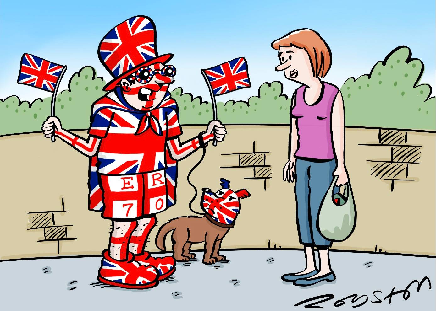 Cartoon illustration of man dressed up in Union Jacks for Platinum Jubilee c. Col Royston