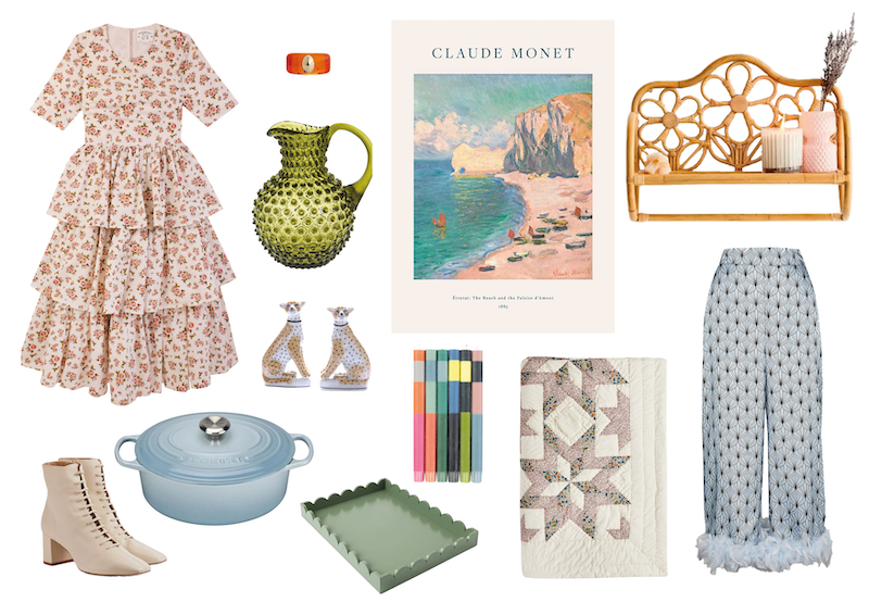 Image: Meadows Dress, Le Creuset Dish, LK Bennett Boots, Manso Ring, Klimchi Jug, &Quirky Dog Ornaments, British Colour Standard Candles, Accessorize Tray, Desenio Monet Print, Project Tityyny Patchwork Blanket, Urban Outfitters Shelf, River Island trousers 