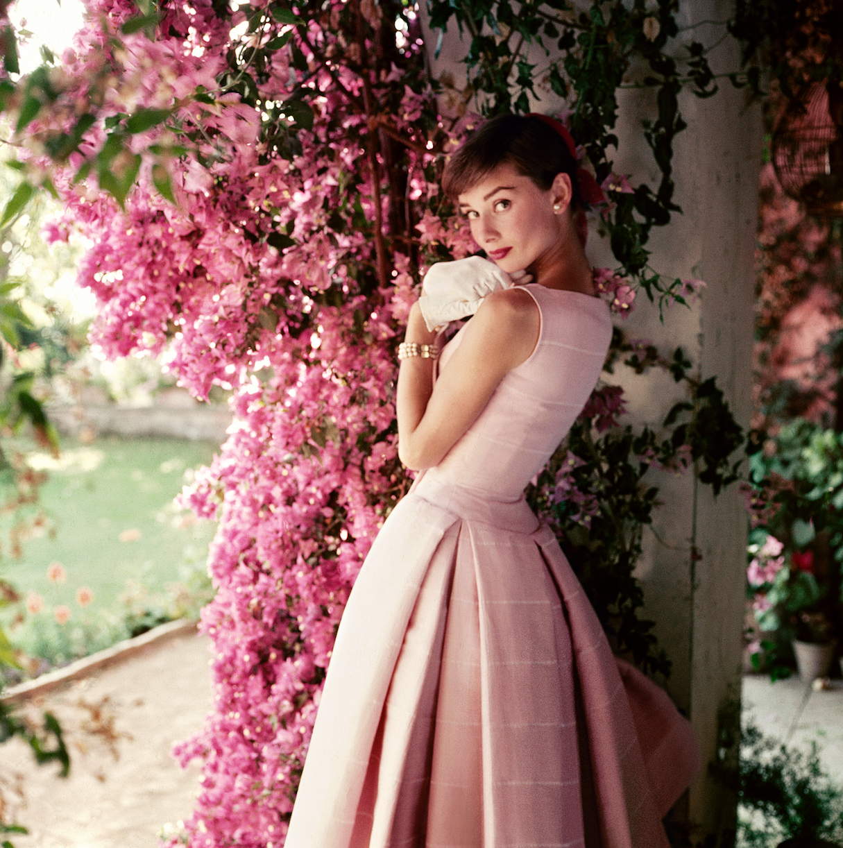 Audrey Hepburn pink surrounded by flowers
