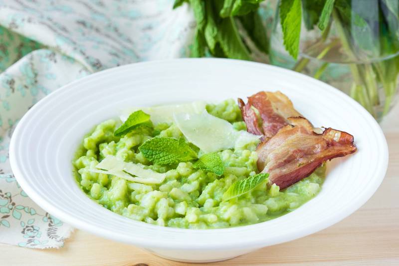 Bacon, pea and mint risotto