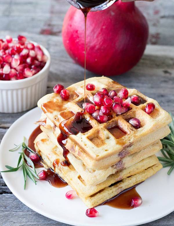Red lentil waffles with rosemary pomegranate syrup