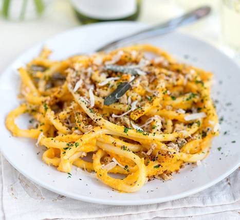Pasta with squash carrot ‘pesto’ and garlic breadcrumbs