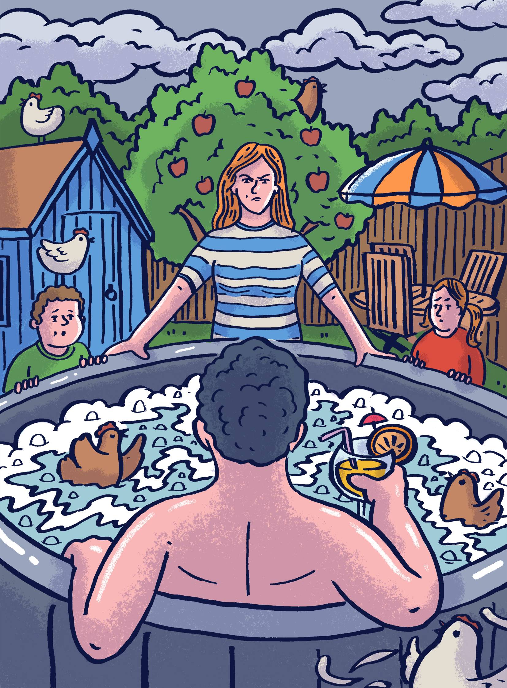 Illustration of Mann in a hottub while being given an unimpressed look by his wife