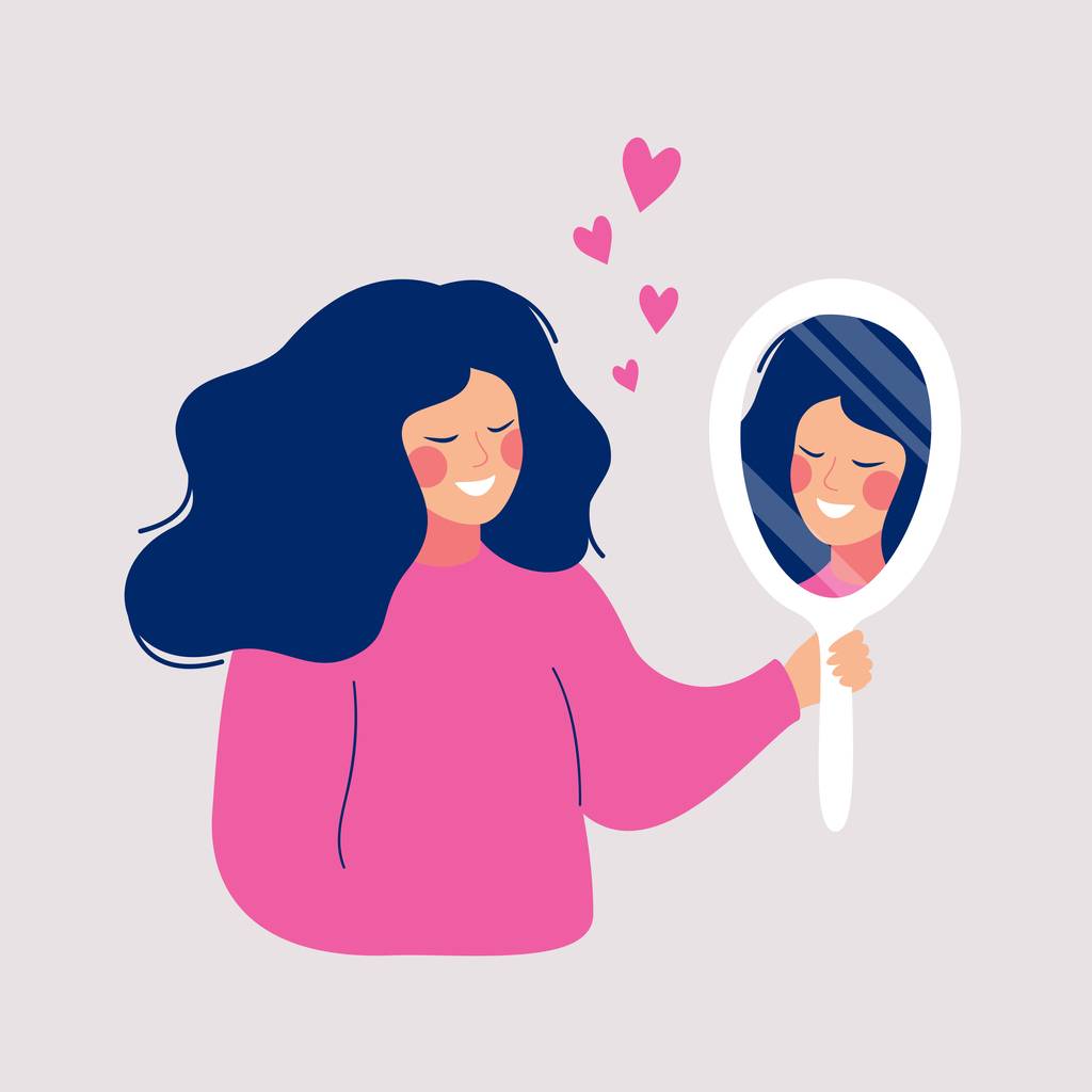 An illustration of a femme person looking in the mirror with love