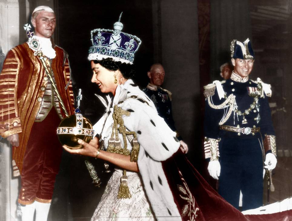 Queen Elizabeth II with crown jewels at her Coronation