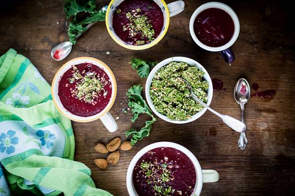 Beetroot and kale soup with almond crumble
