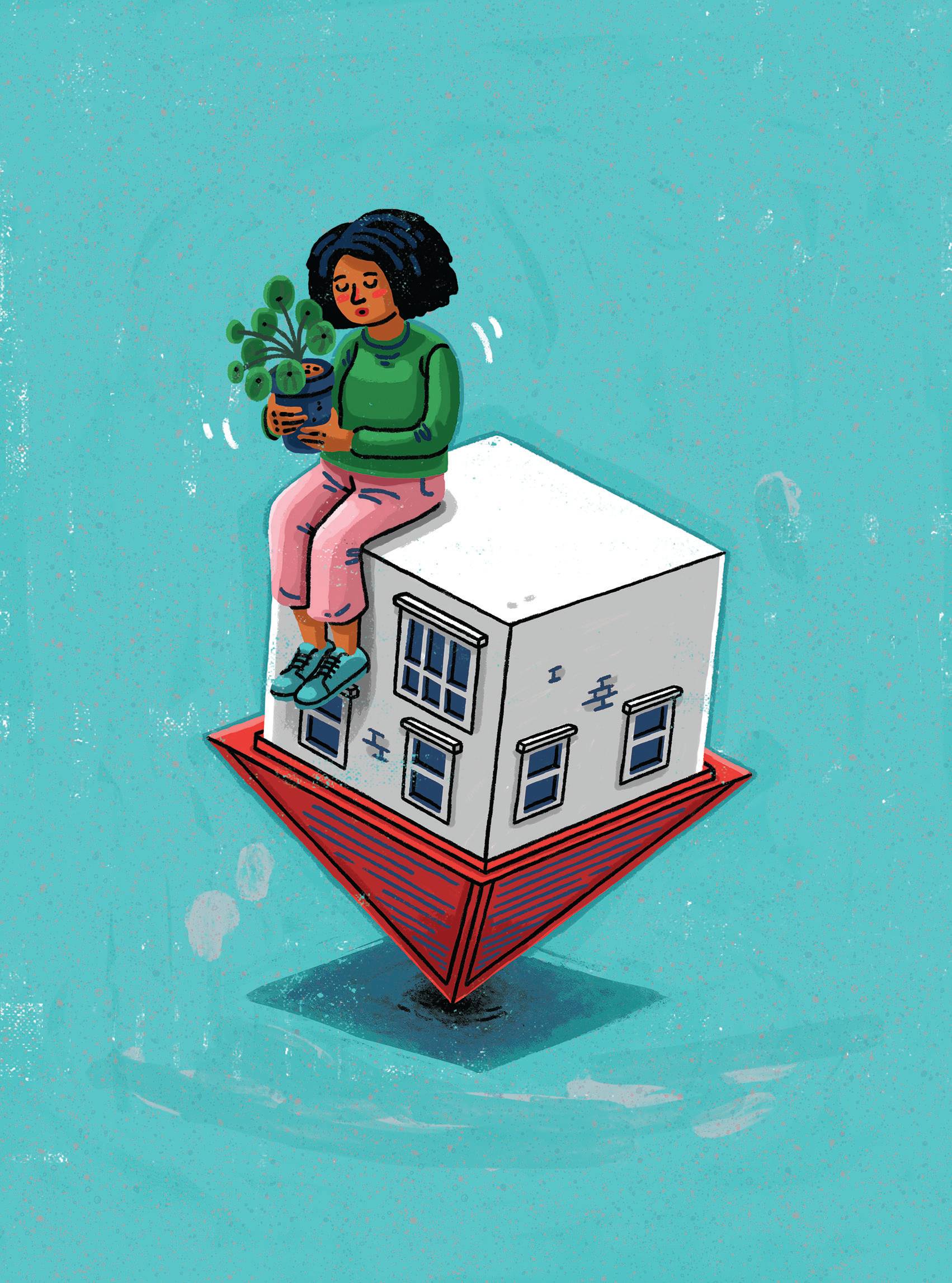 Illustration of a woman holding a plant pot solemnly on top of an upside down house
