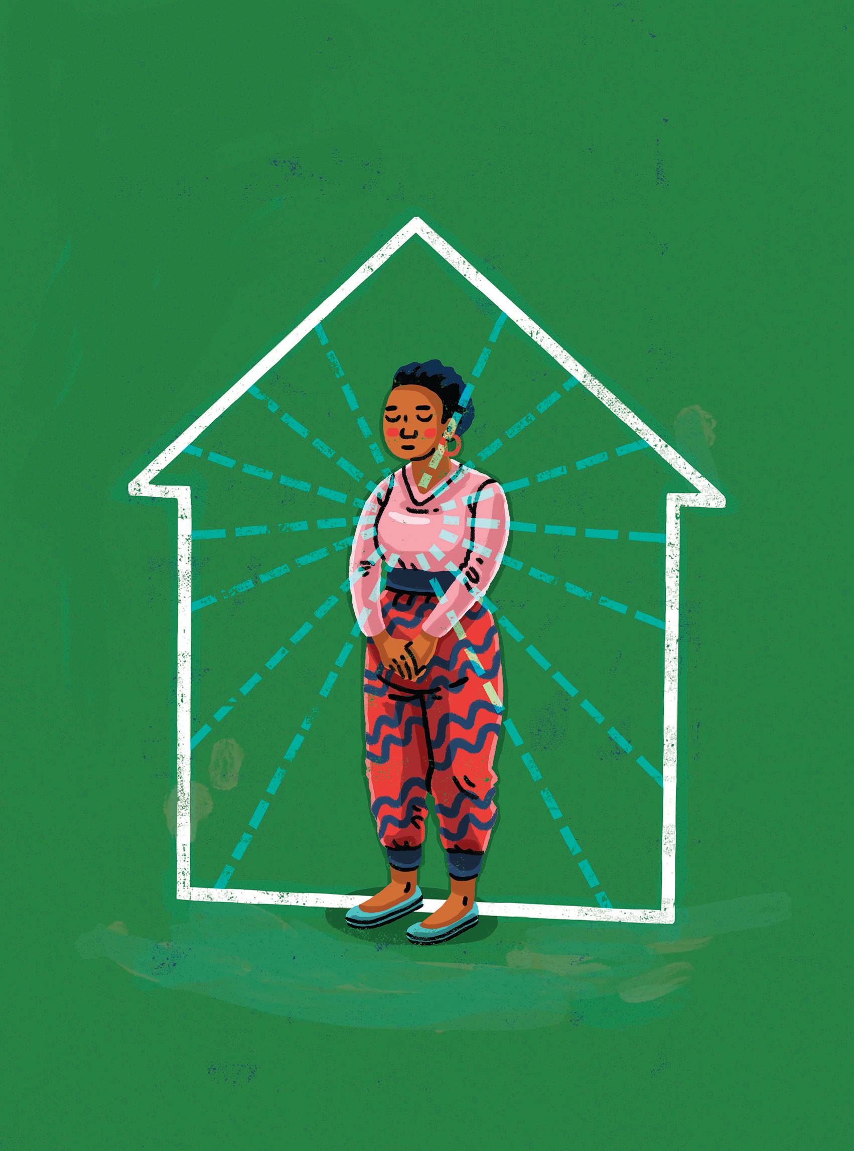 Illustration of a woman holding her hands with eyes closed inside a house