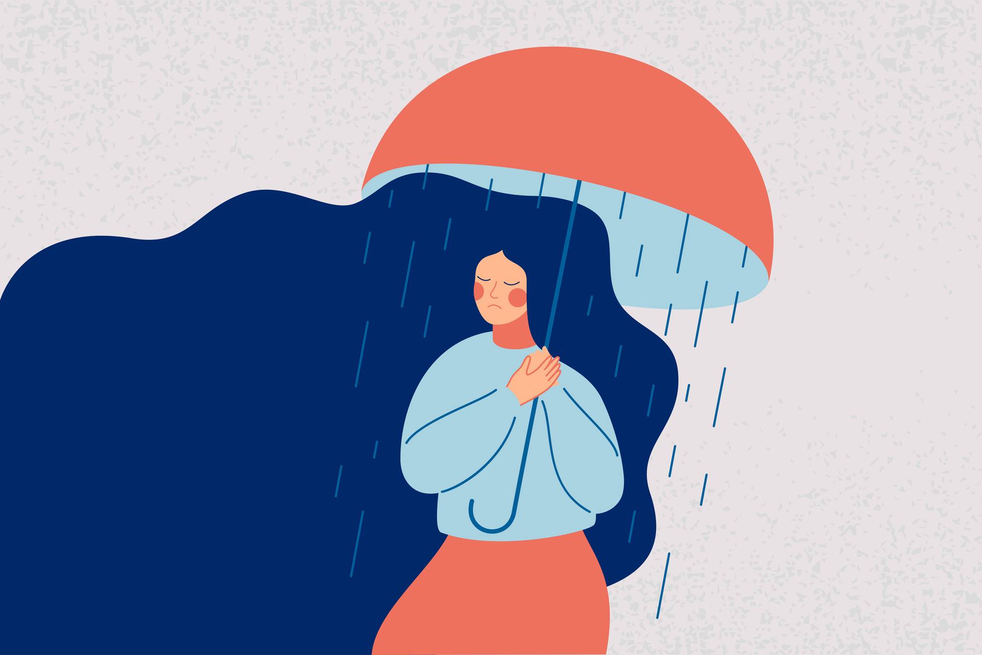 Illustration of a woman holding umbrella under a rain storm