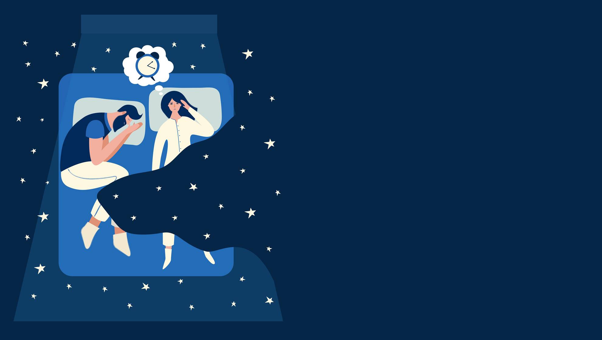 An illustration of a couple lying in bed with one unable to sleep