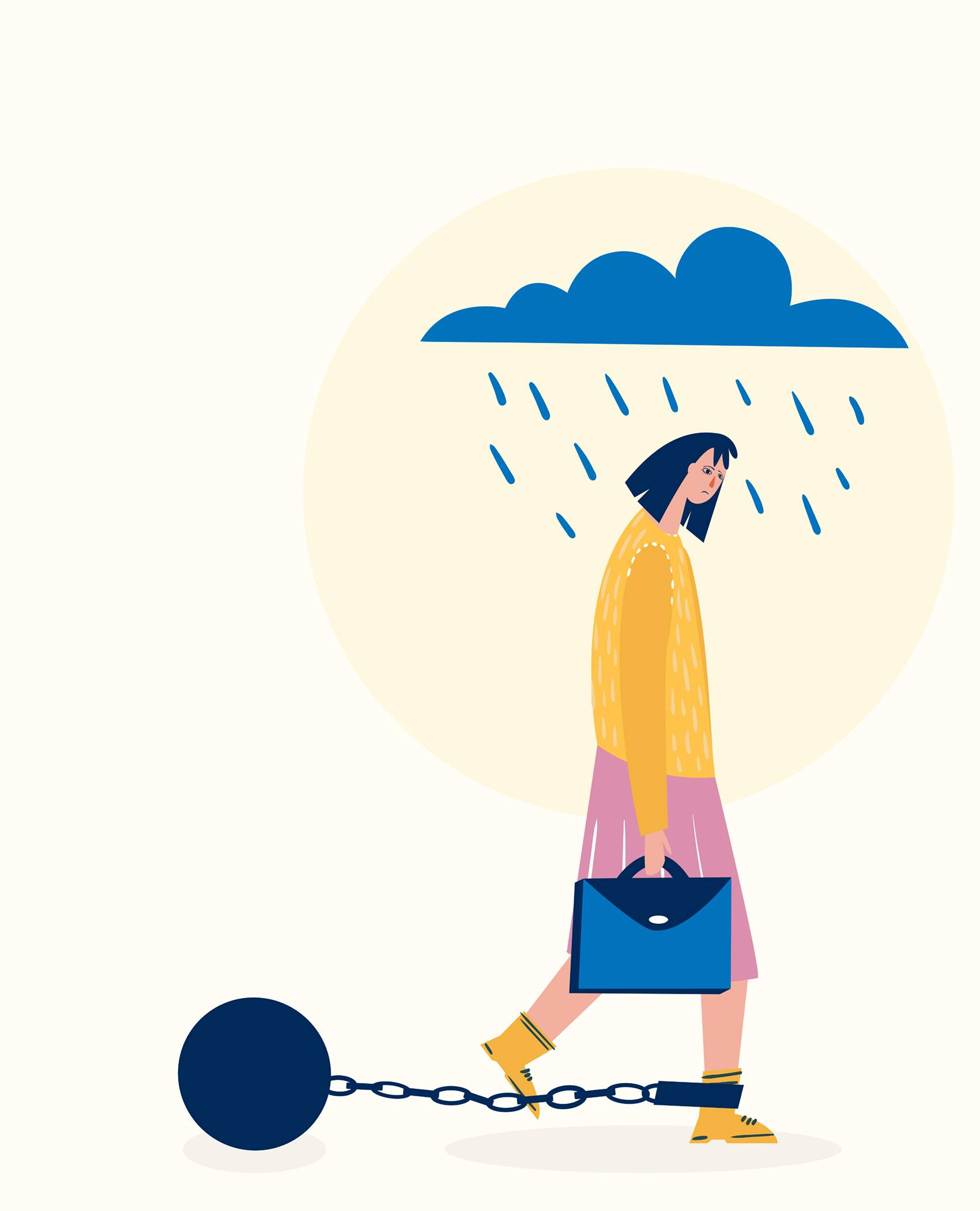 An illustration of someone being sad and walking through rain