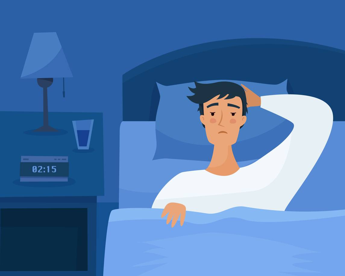 An illustration of a man lying awake in bed at night