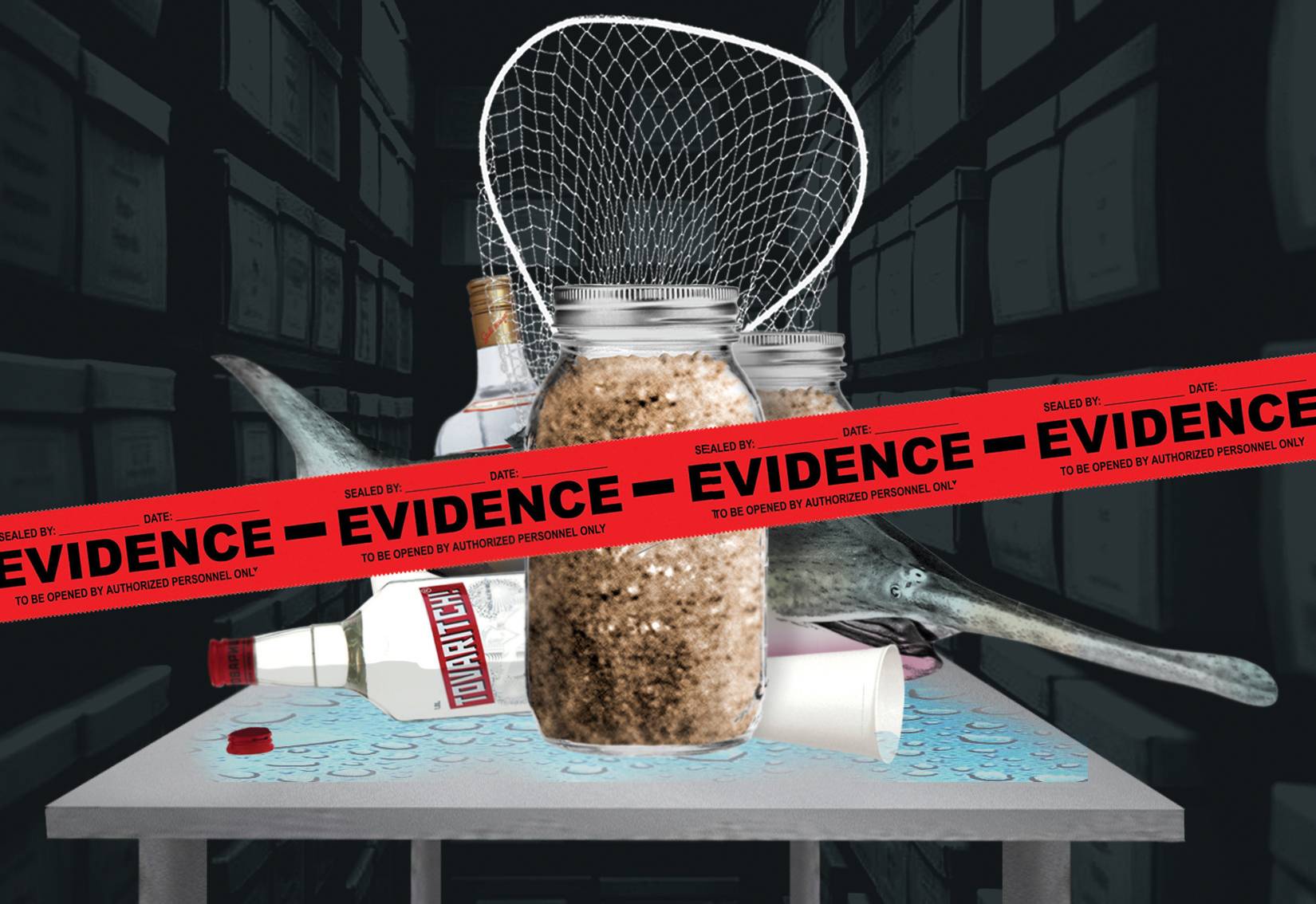 Illustration of caviar jars, and vodka behind an 'evidence' tag