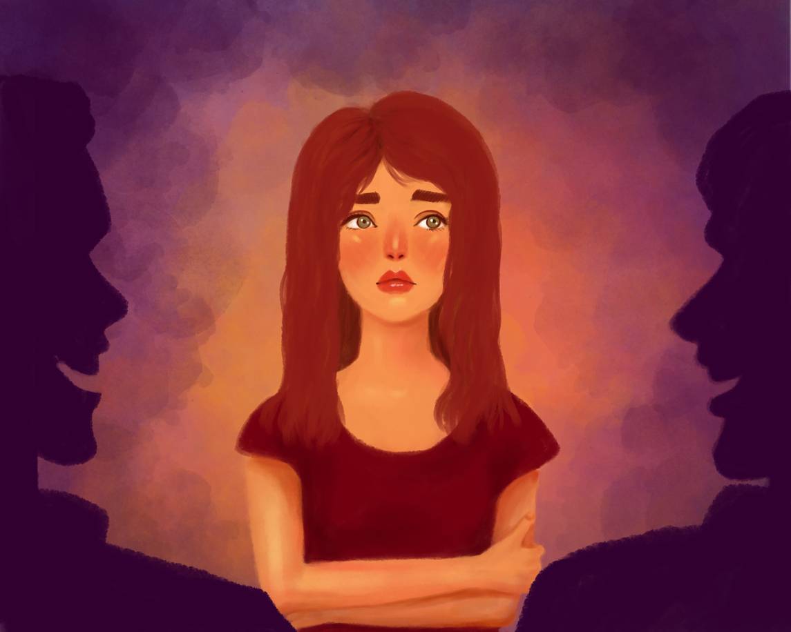 An illustration of a woman feeling uncomfortable surrounded by two men