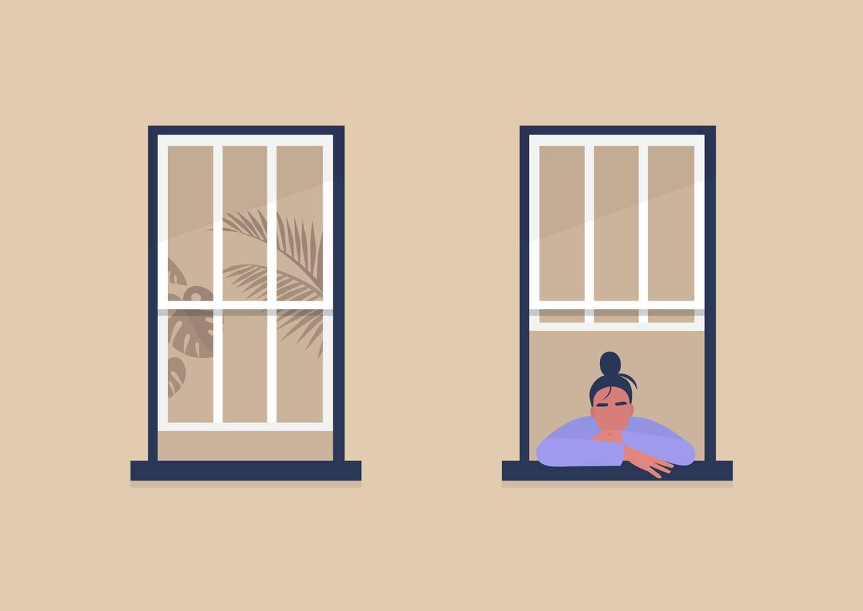 Illustration of woman leaning out of her window 