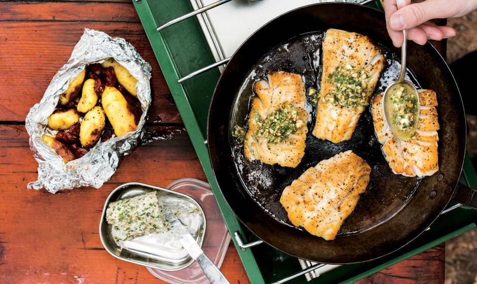 seared cod with potato and chorizo hobo packs